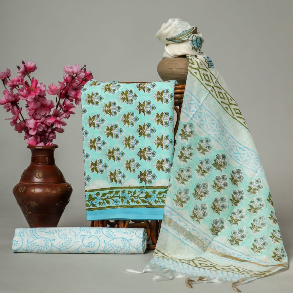 Turquoise hand block printed suits online with chanderi cotton dupatta