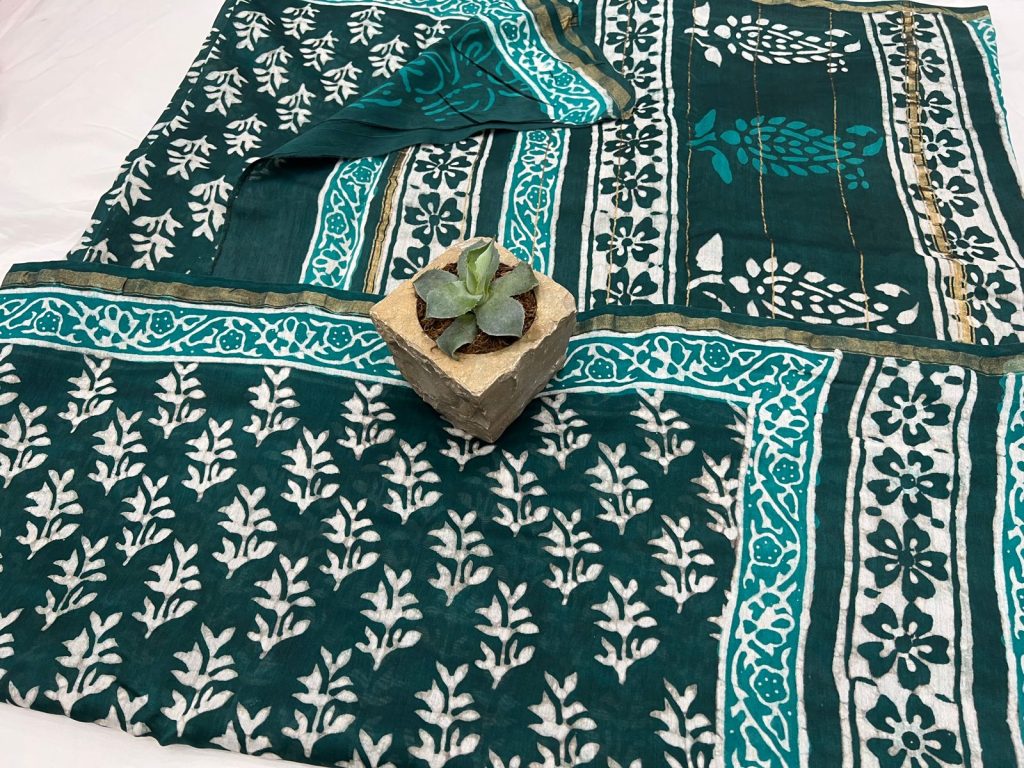 Dark viridian green printed chanderi silk cotton saree