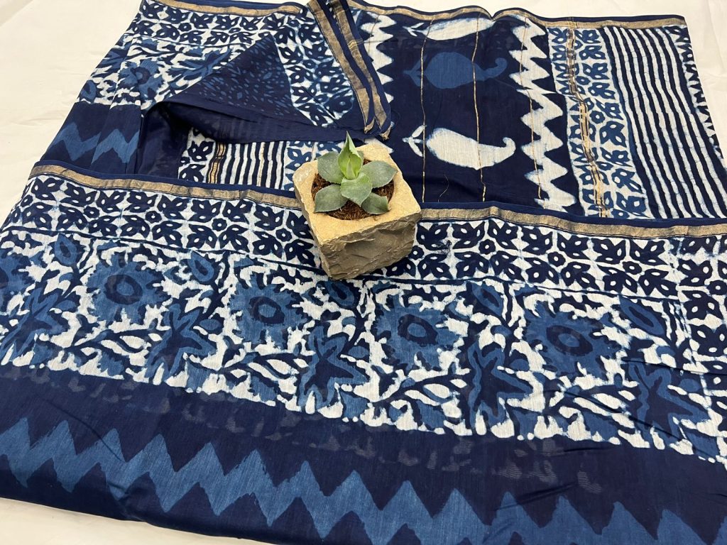 Indigo blue block printed chanderi sarees