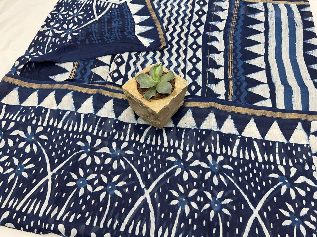 Indigo blue hand block printed chanderi silk saree