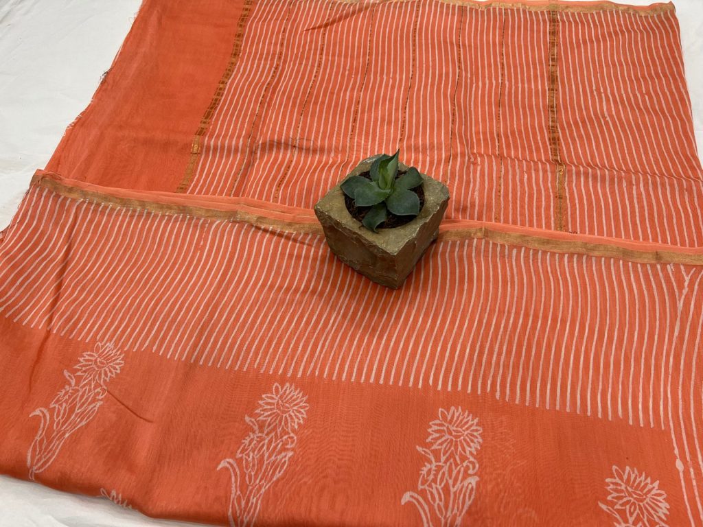 Orange chanderi silk hand block printed saree