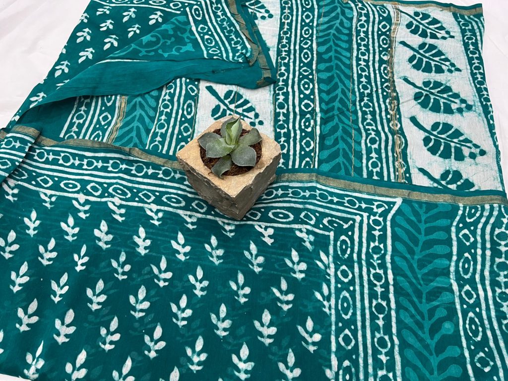 Viridian green block printed chanderi silk sarees