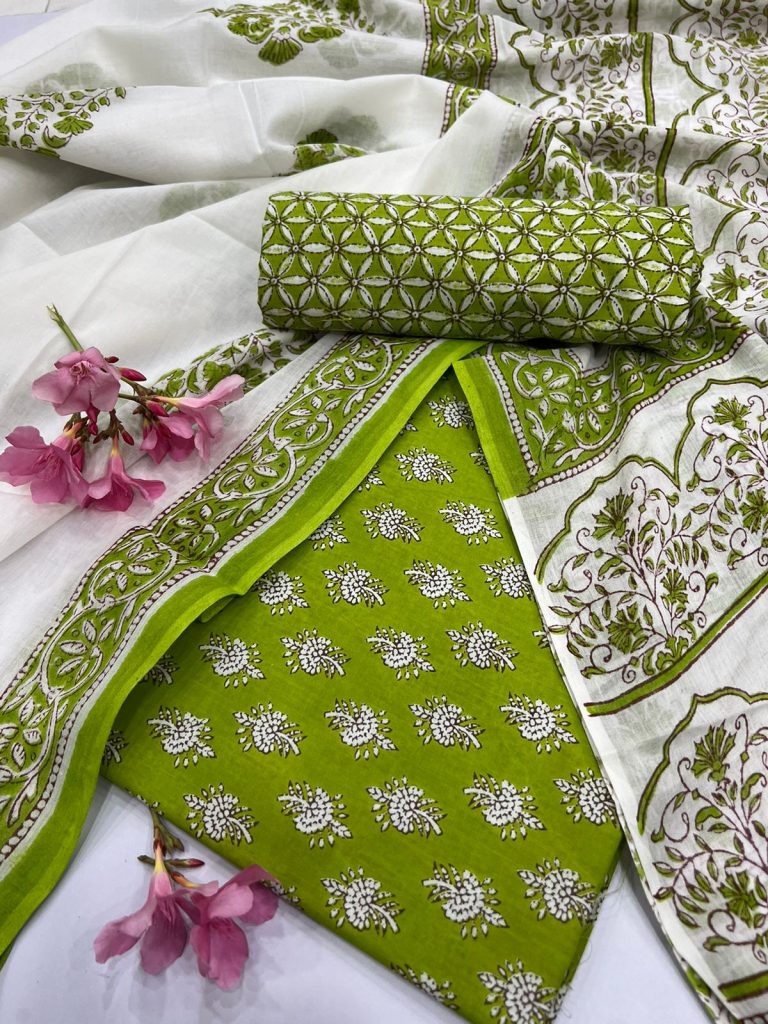 Kelly Green block printed cotton daily wear salwar suit with cotton dupatta