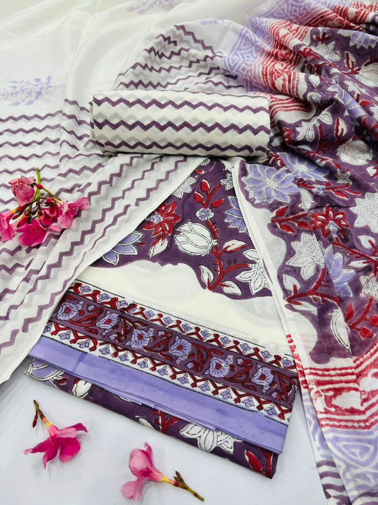 Palatinate Purple color floral print daily wear cotton salwar suits with cotton dupatta