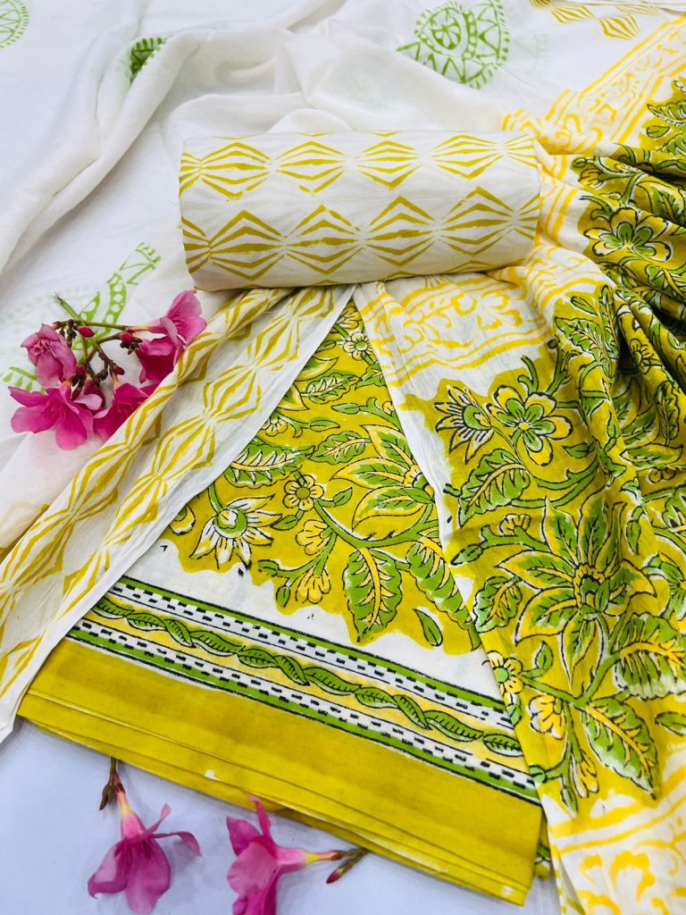 Bitter Lemon block print daily wear salwar suits online with cotton dupatta