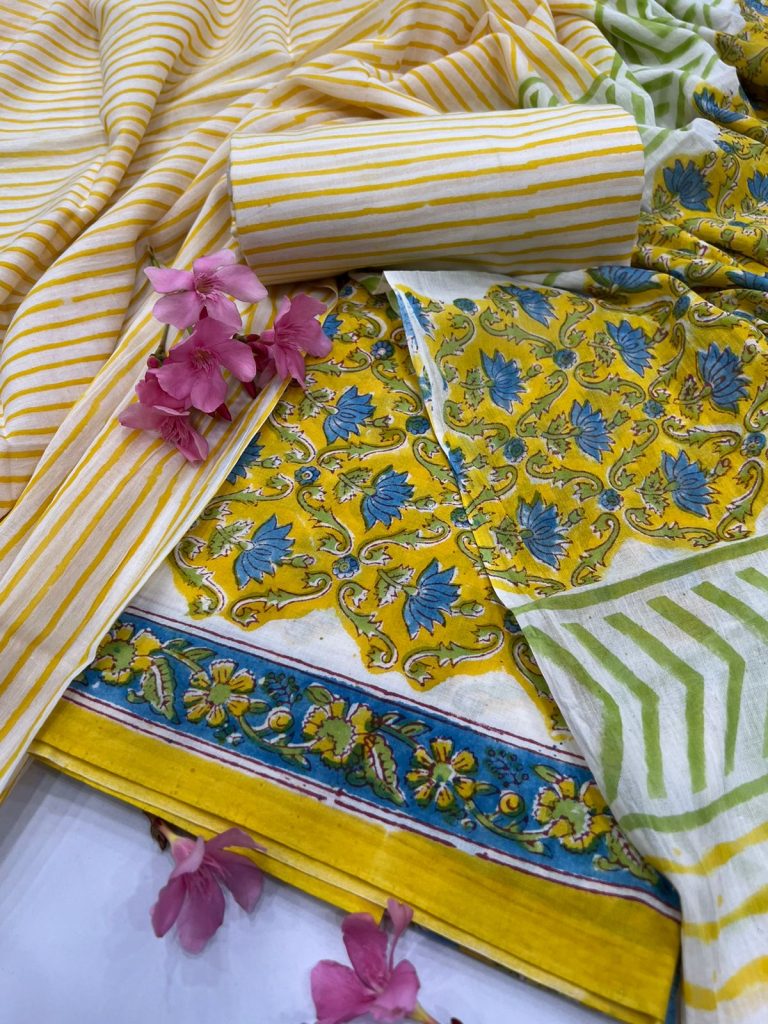 Amber yellow block printed cotton daily wear salwar kameez designs with cotton dupatta