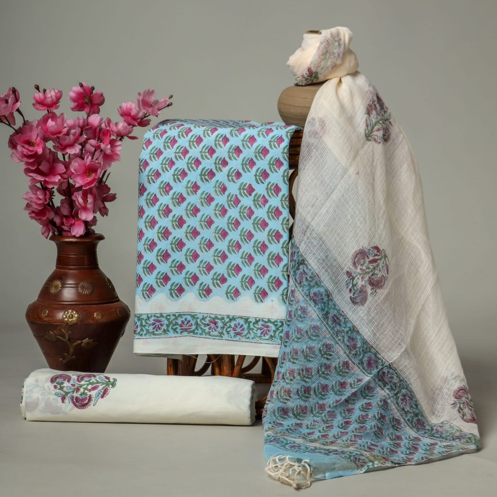 French Sky Blue hand block printed cotton suit with kota dupatta