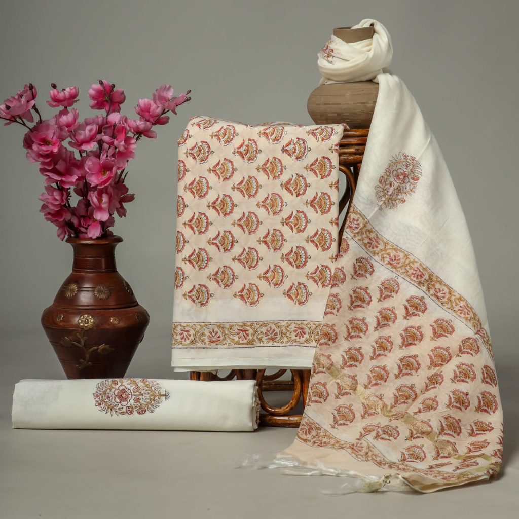 Apricot brown unstitched cotton jaipur block print salwar suits with chanderi cotton dupatta