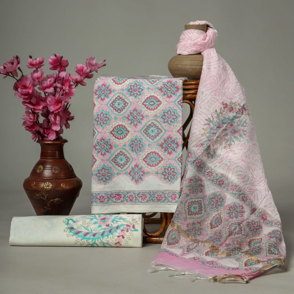 Baby pink unstitched cotton block print suits online with chanderi cotton dupatta