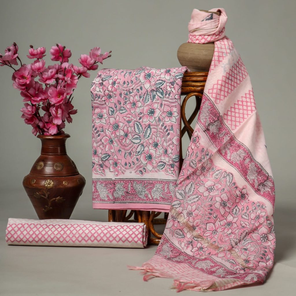 Carnation Pink cotton unstitched block print suits jaipur with chanderi cotton dupatta