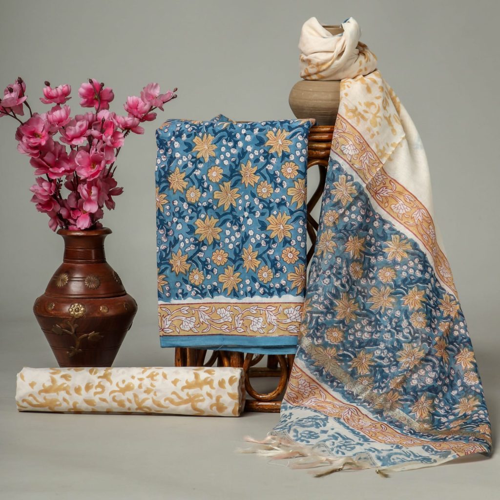 Cg Blue unstitched cotton block print dress material online with chanderi cotton dupatta