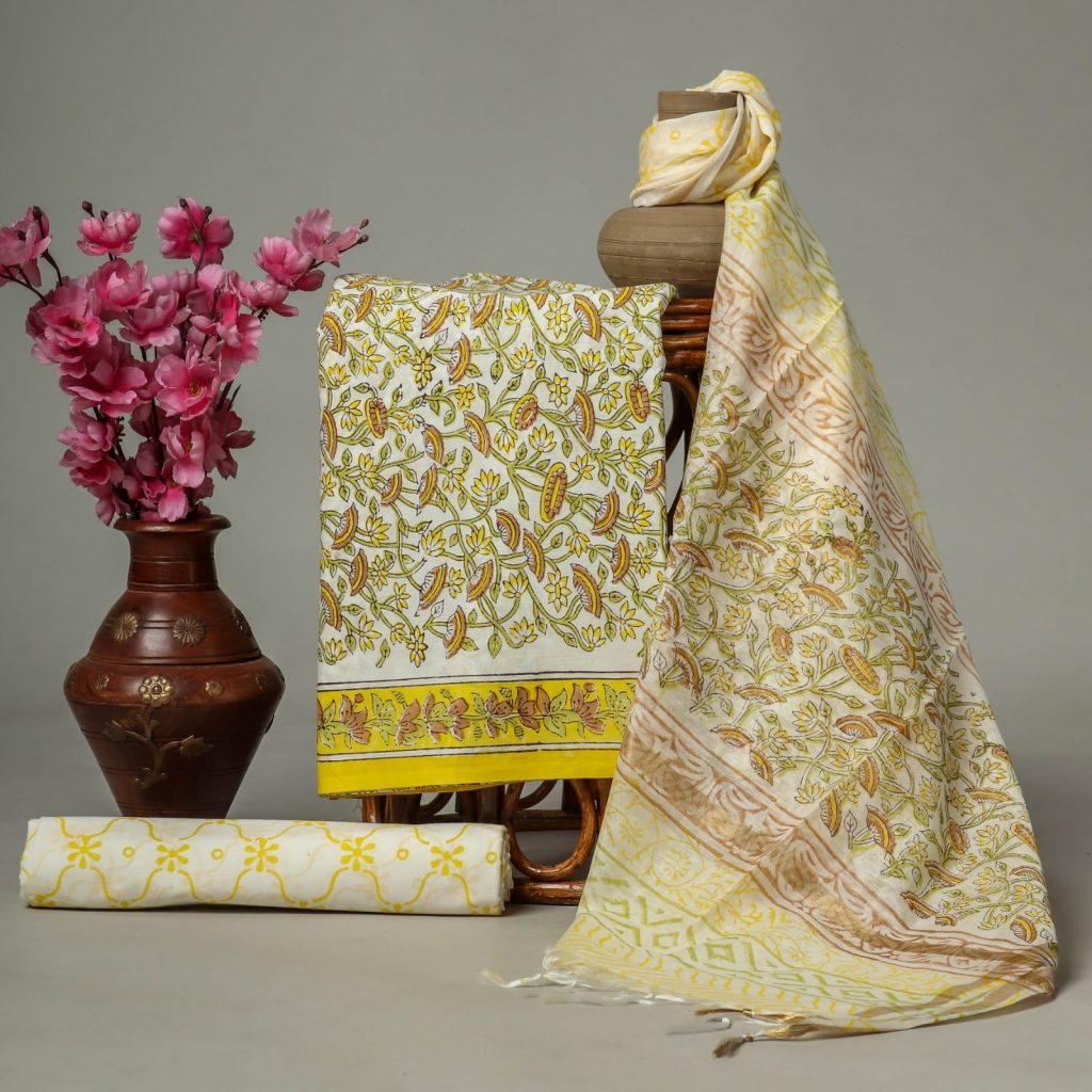 Yellow unstitched cotton hand block printed salwar suits with chanderi cotton dupatta
