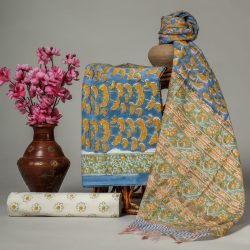 1682181010376 Brandeis Blue Unstitched Cotton Hand Block Print Suit With Chanderi Cotton Dupatta