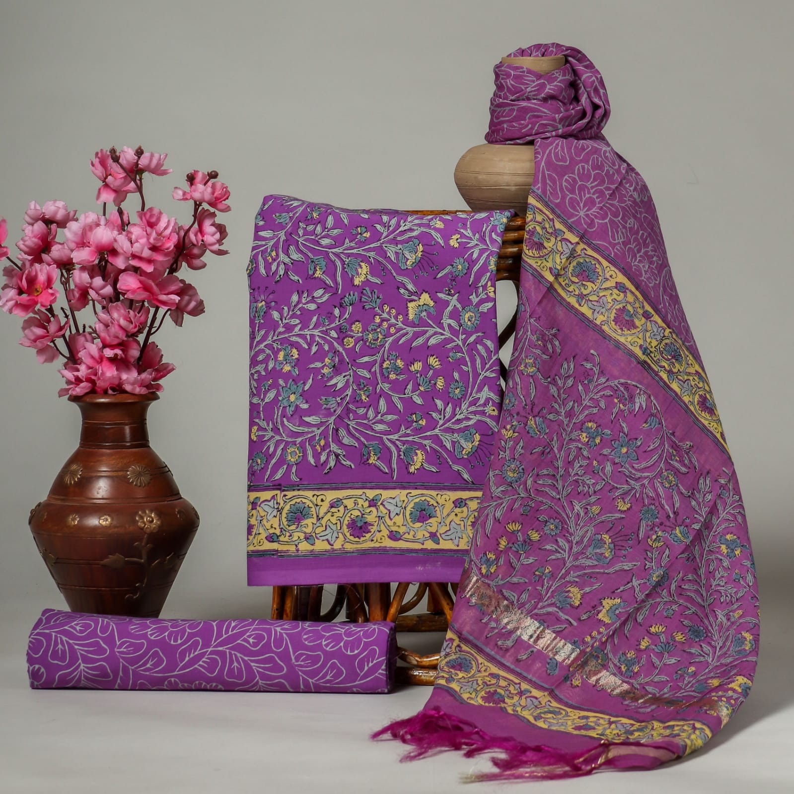 Vivid Violet unstitched block print cotton suit with chanderi cotton dupatta
