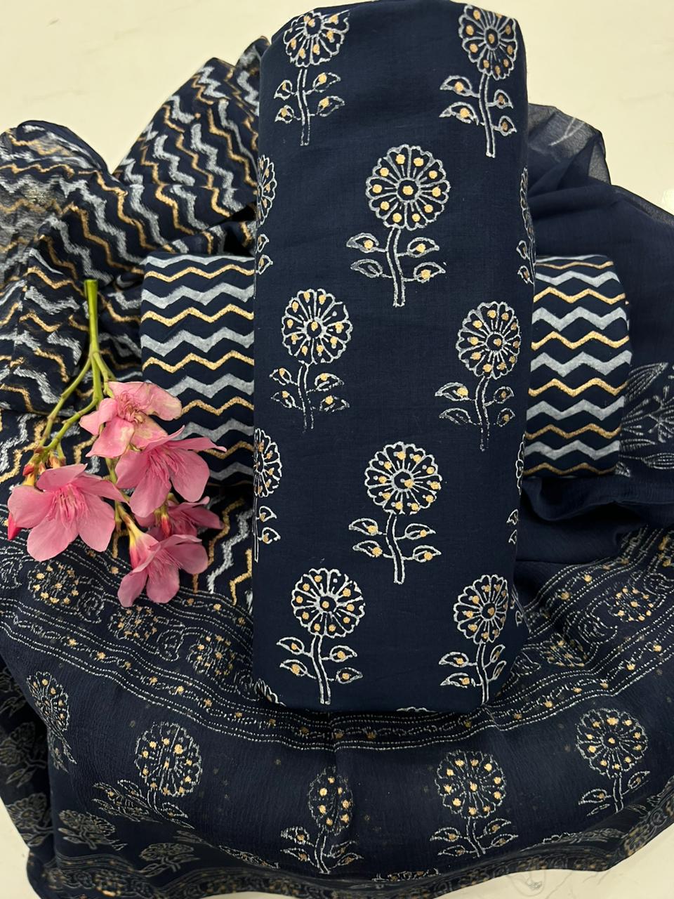 Oxford Blue gold printed cotton suit with chiffon dupatta