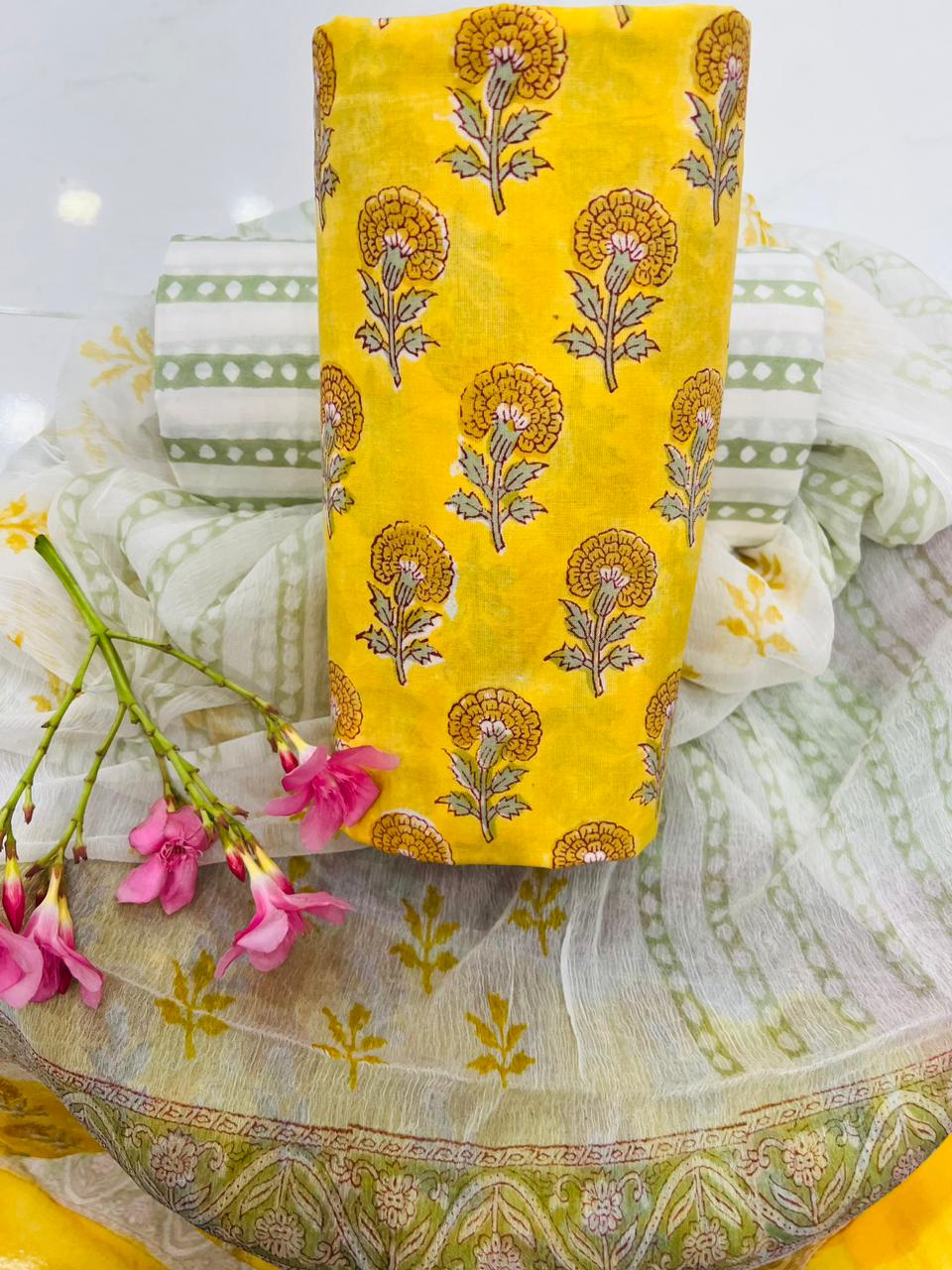 Sunglow yellow block printed pure cotton dress materials with chiffon dupatta