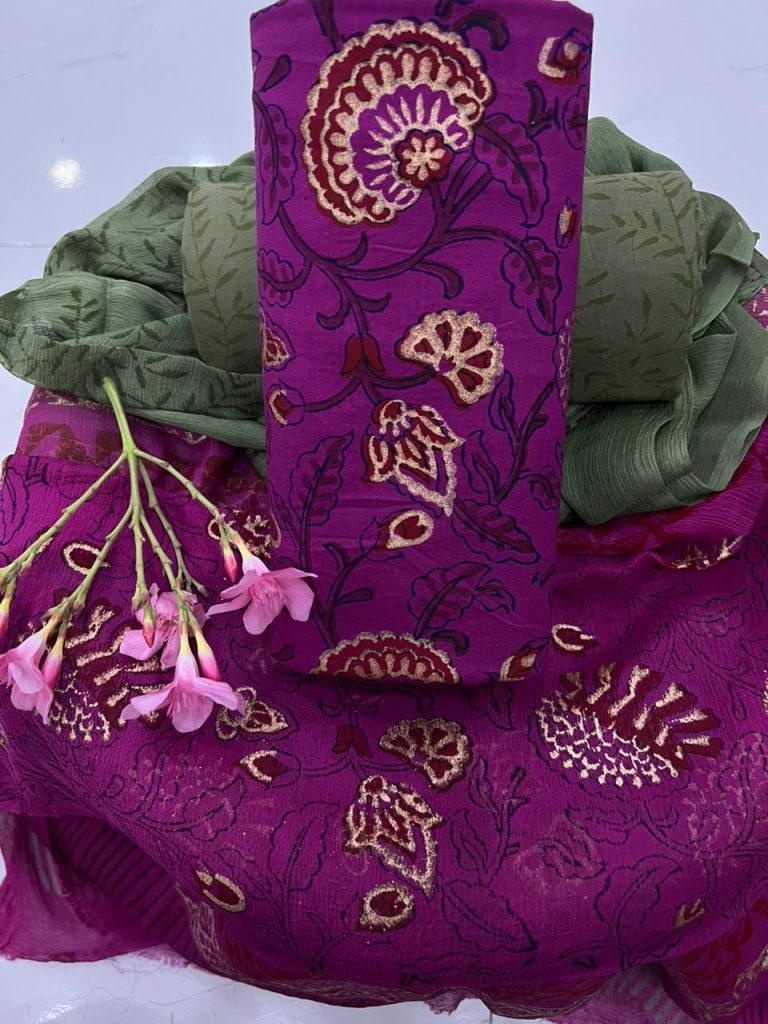 Tyrian Purple gold block printed chiffon dupatta cotton suits