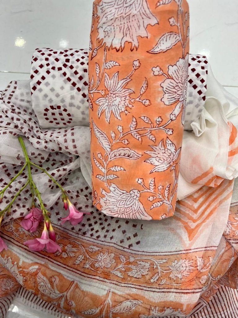 Coral block printed cotton suit with chiffon dupatta