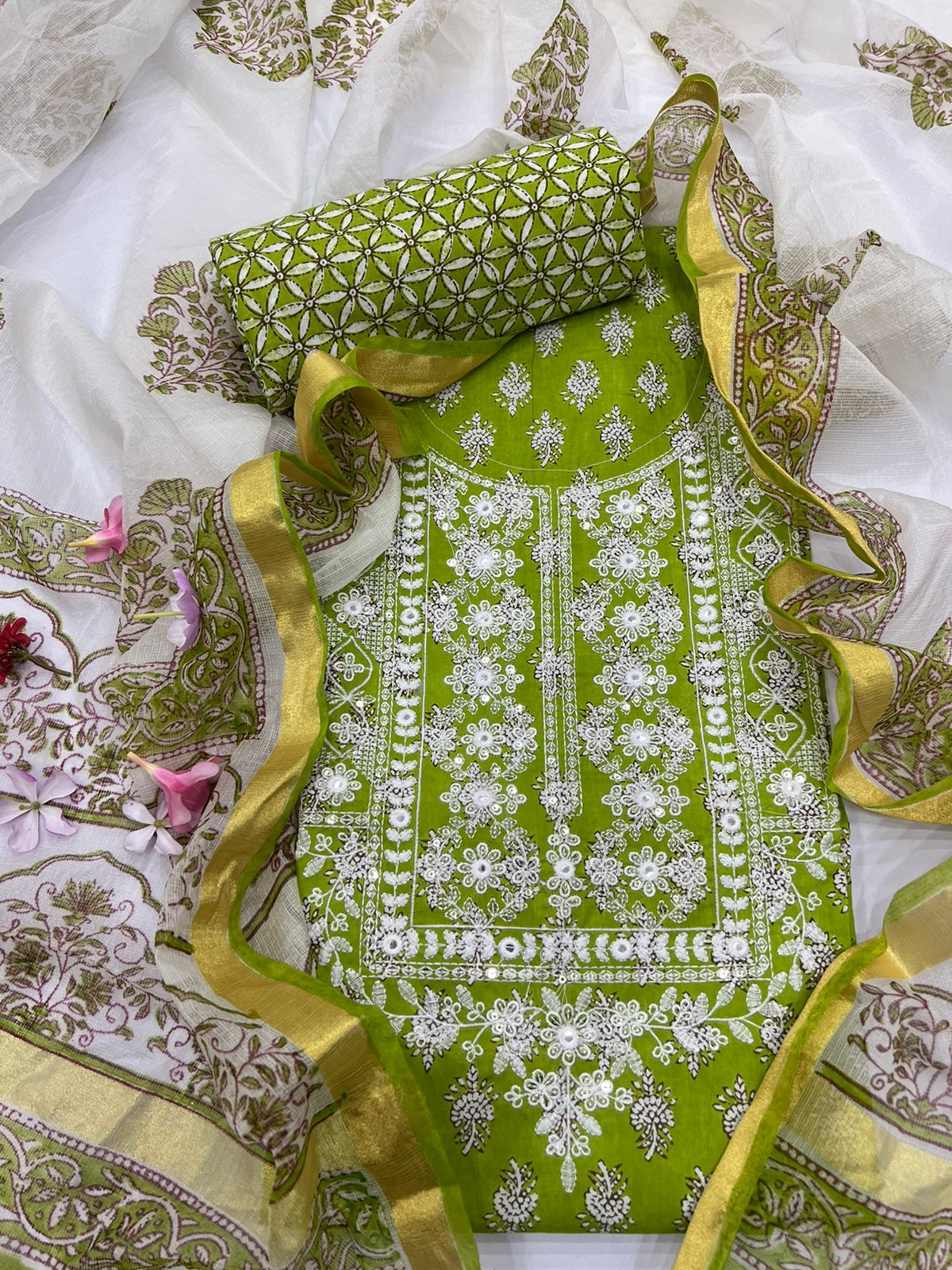Acid Green cotton embrodied latest party wear ladies suit with fancy dupatta