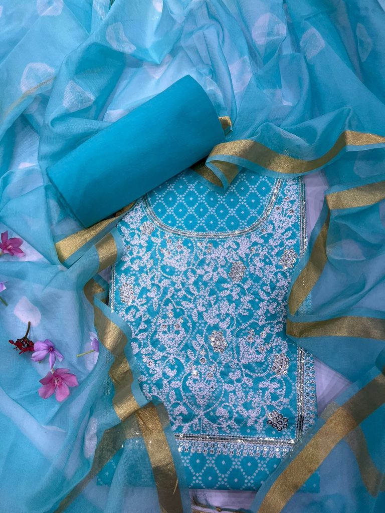 Aqua blue cotton embroided party wear suit set with fancy dupatta
