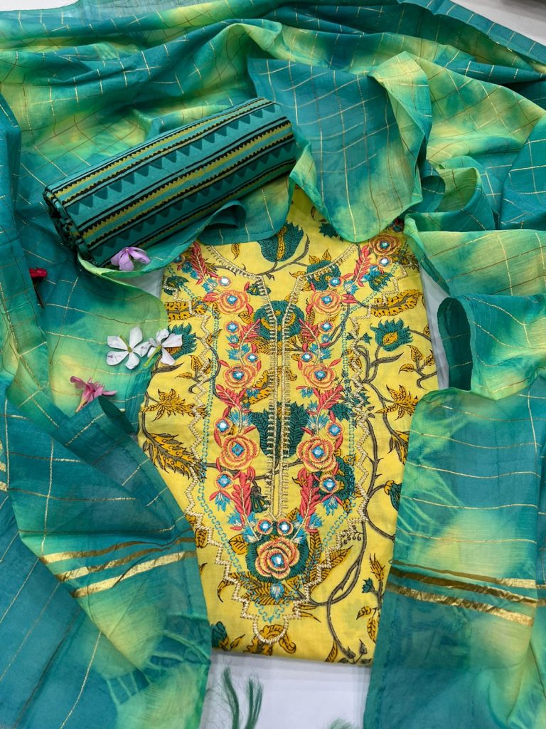 Arylide Yellow and Celadon Green cotton embroided party wear suit salwar design with fancy dupatta