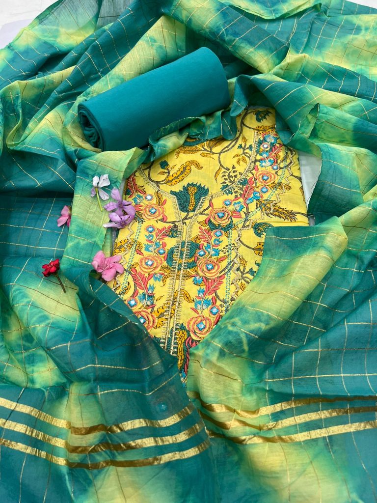 Arylide Yellow and Celadon Green cotton embroided party wear suit salwar with fancy dupatta