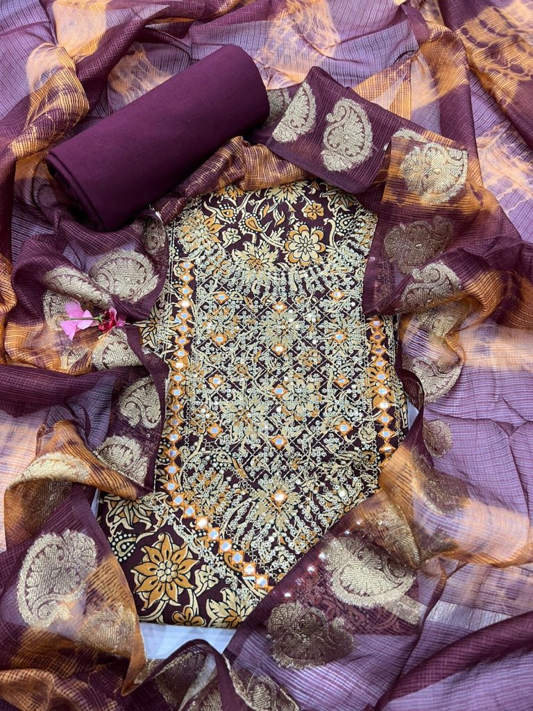 Boysenberry cotton embroided party wear suit punjabi with fancy dupatta