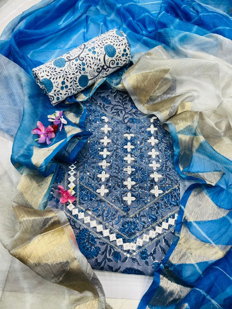 Cerulean Frost and Sapphire blue cotton embroided party wear suit design with fancy dupatta
