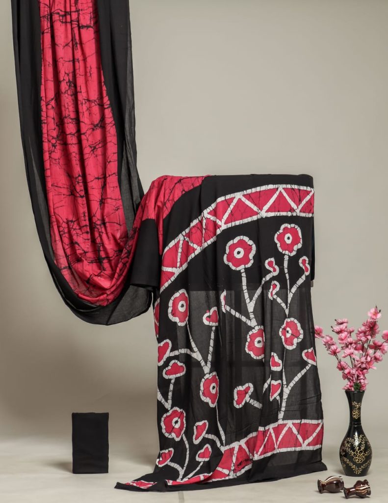 Black and red batik print daily wear cotton saree