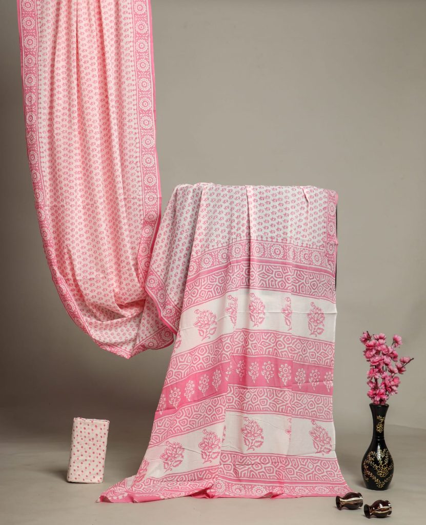 Pink hand block printed daily wear cotton sarees
