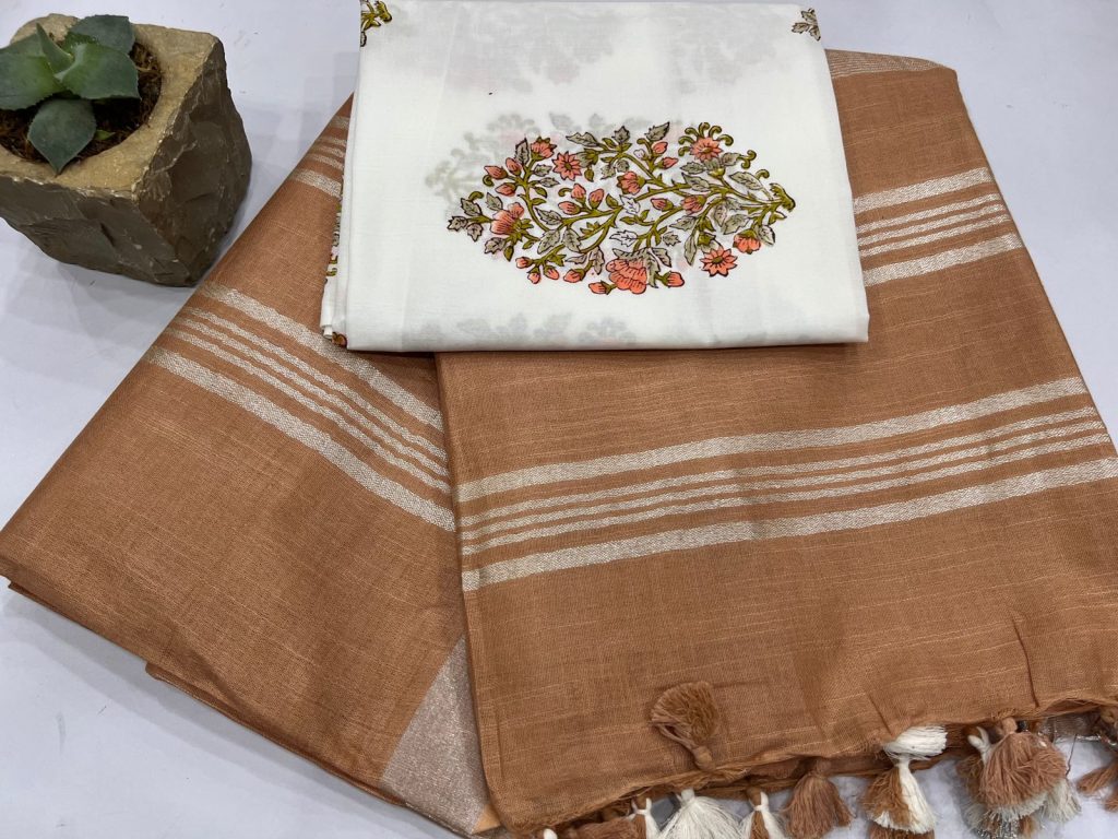 Bronze Brown Plain linen sarees with white printed blouse designs.jpeg