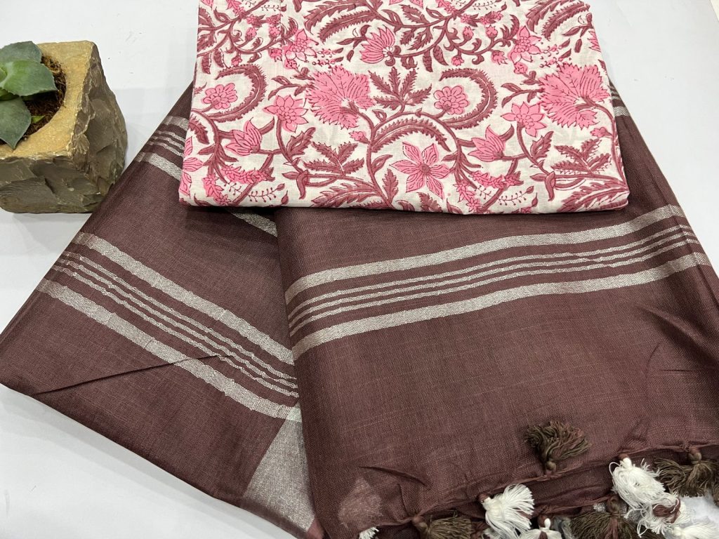 Bulgarian Rose Color Plain linen saree with cotton printed blouse designs