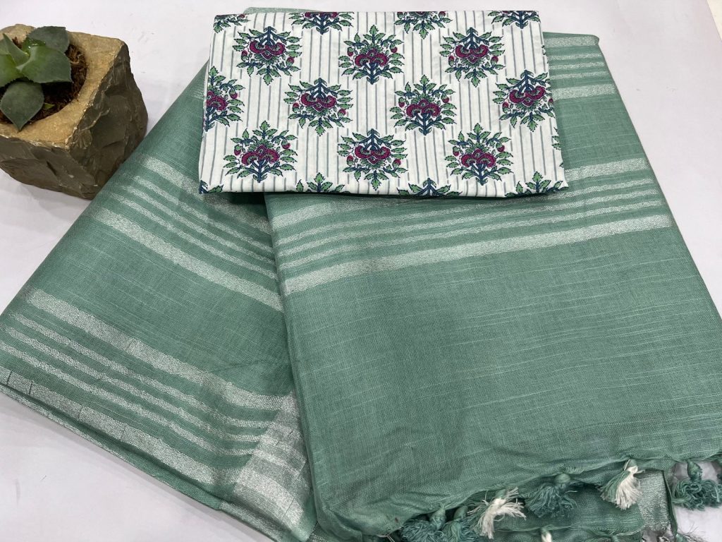 Jungle Green Plain linen saree blouse in cotton printed