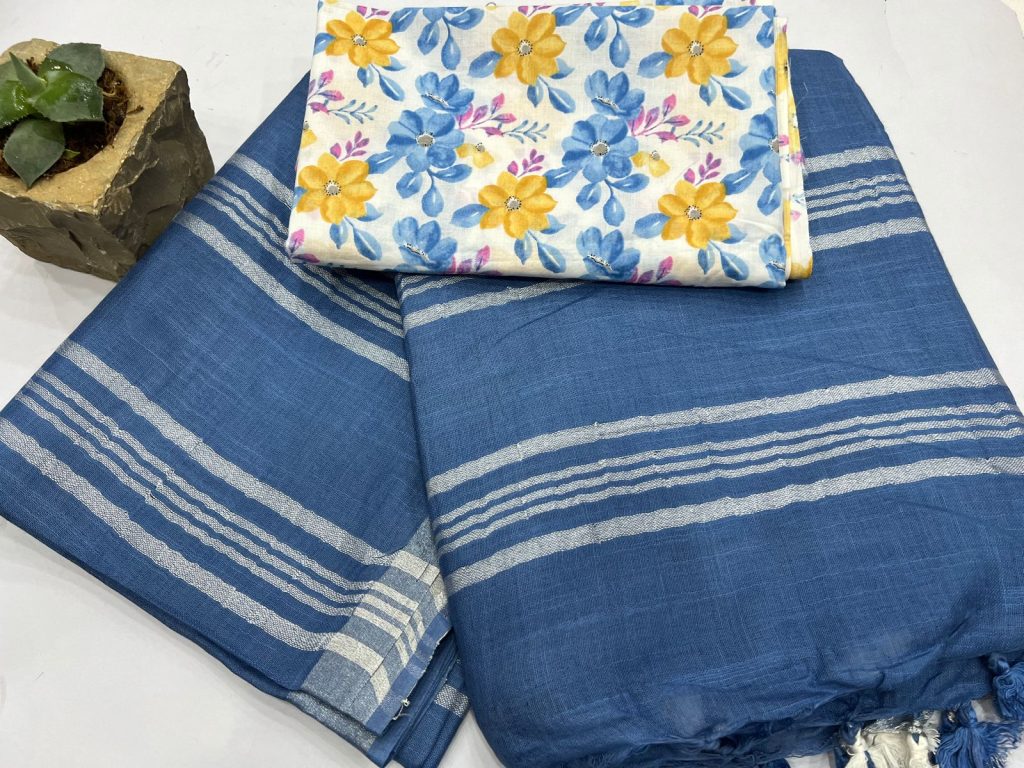 St Tropaz Blue Plain linen sarees images with printed cotton blouse