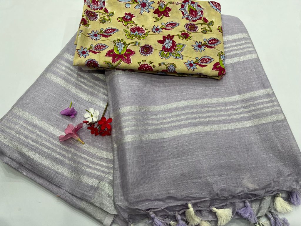 Lilac Color plain best linen sarees online with printed cotton blouse