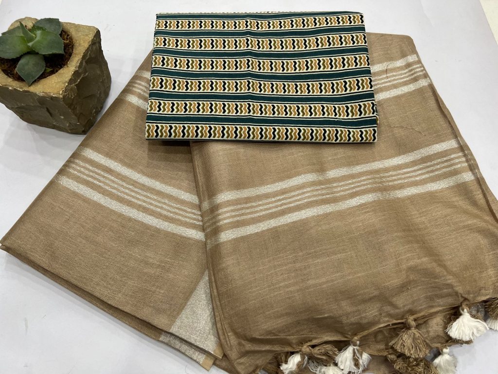 Tan Brown plain best linen sarees with cotton printed blouse