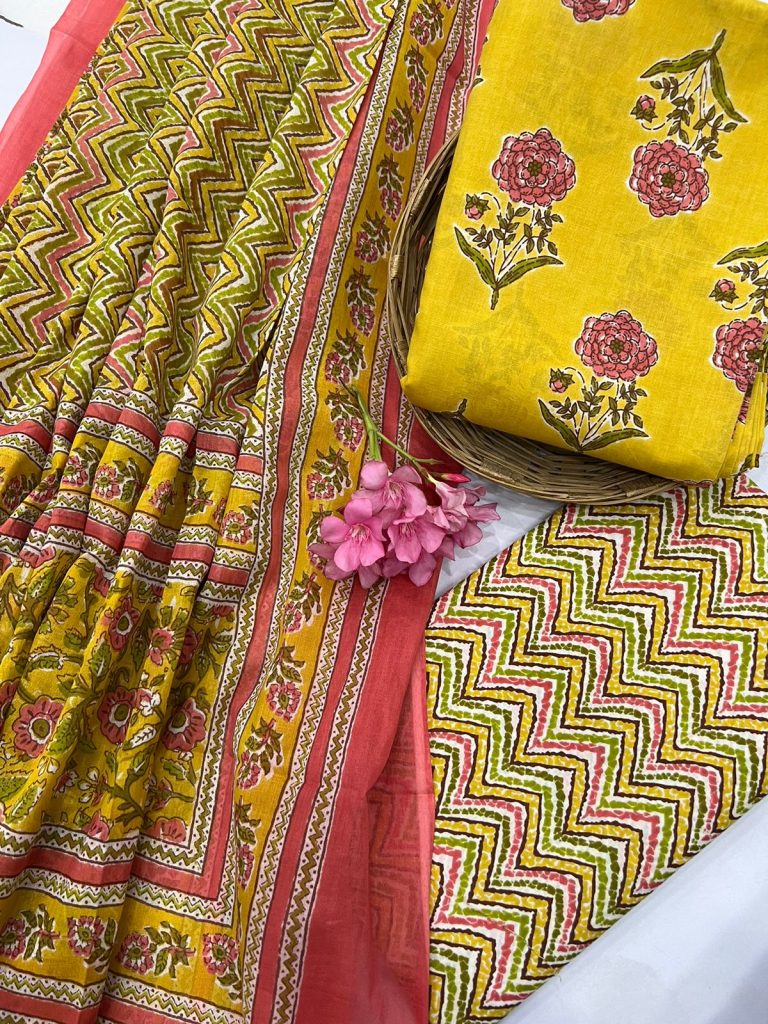 Gold yellow printed Cotton daily wear cotton salwar suits