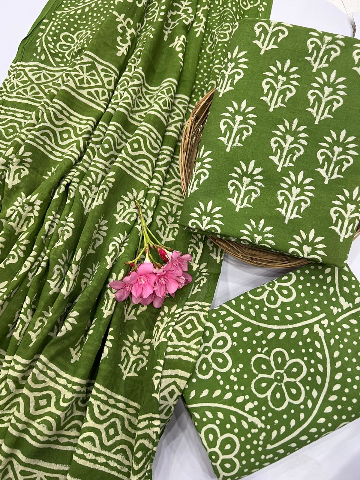 Forest Green discharge print Cotton daily wear suit design with cotton dupatta