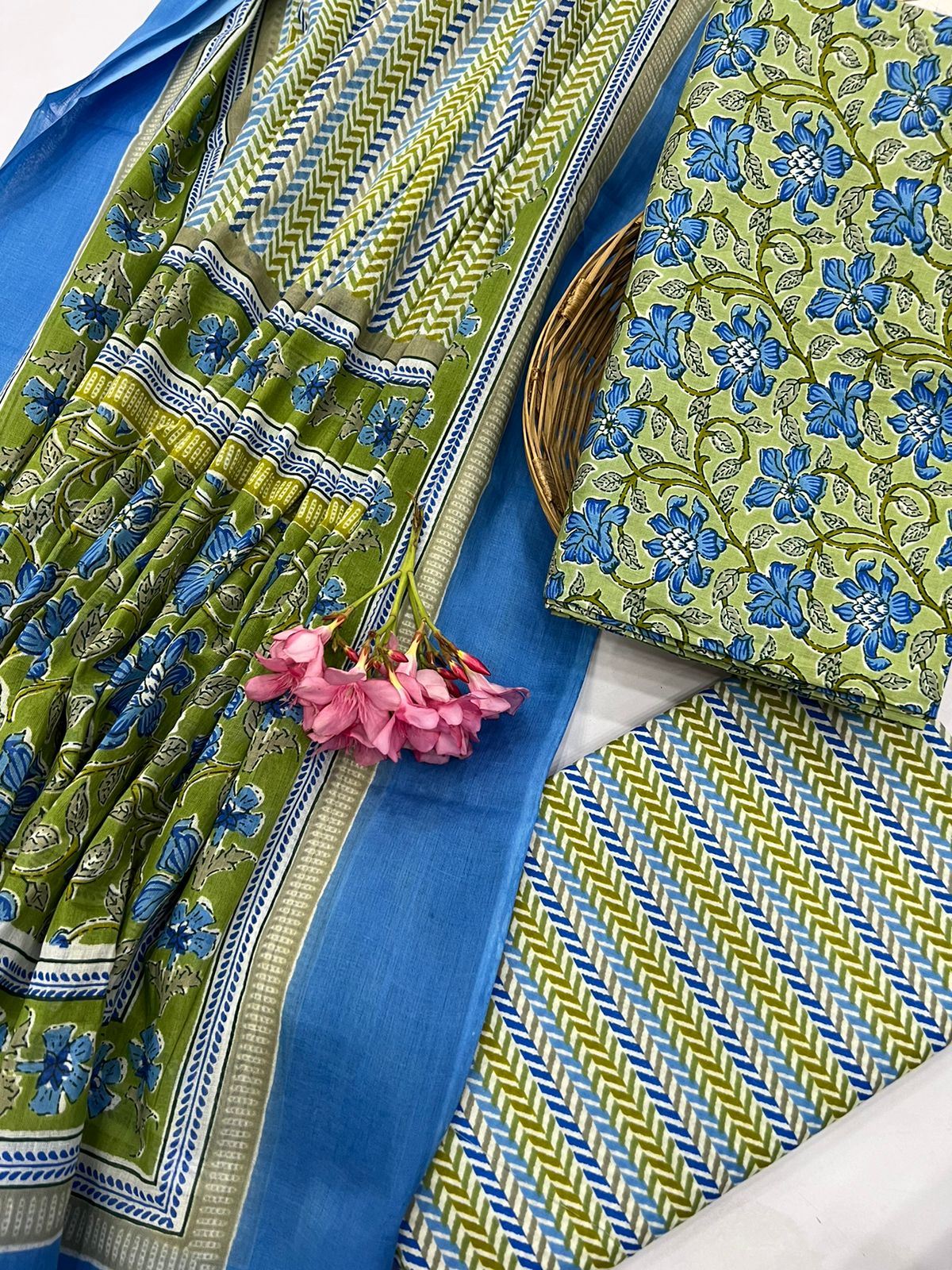 Acid Green and blue Cotton daily wear salwar kameez with cotton dupatta