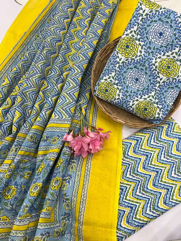 Pale Cerulean and yellow Cotton daily wear salwar kameez designs with cotton dupatta