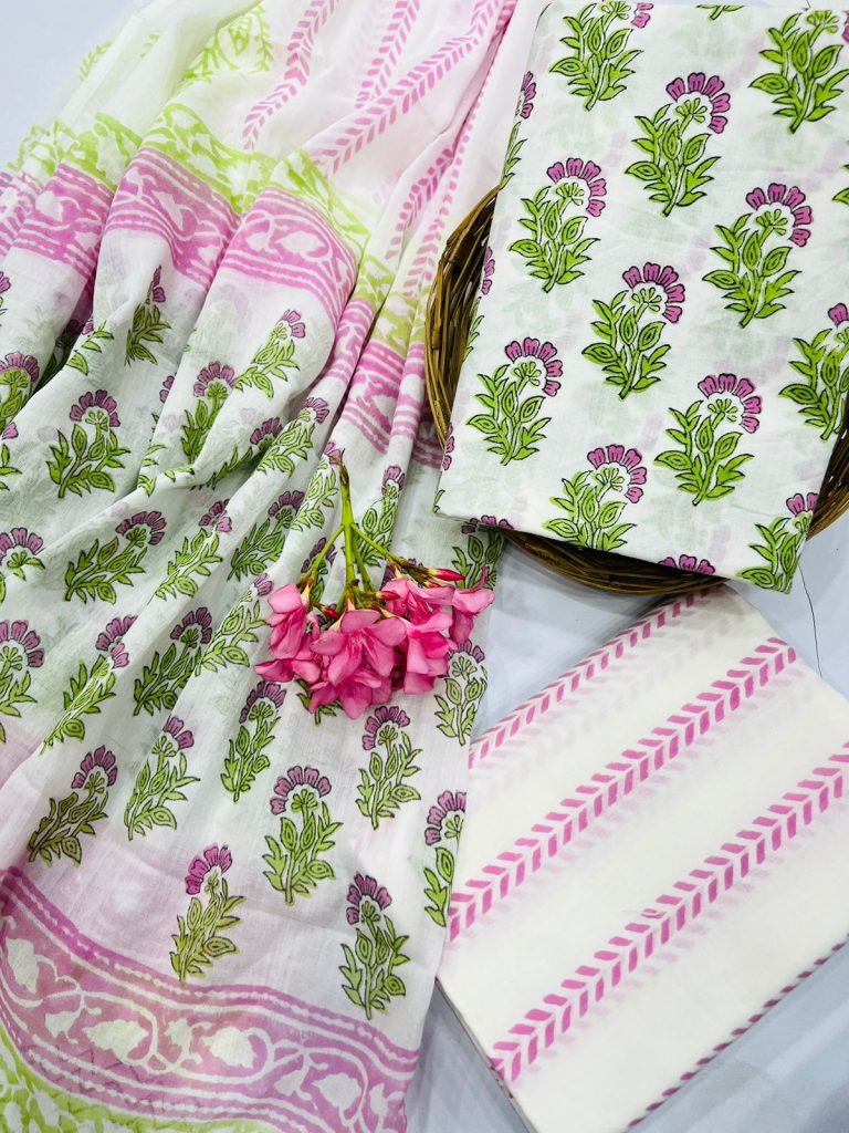 White with green print Cotton unstitched daily wear suit designs with cotton dupatta