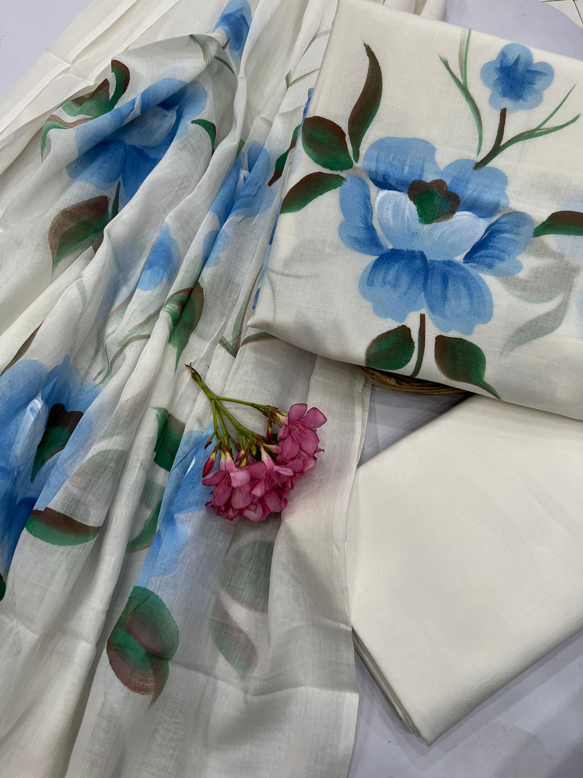 White and blue Cotton hand painted latest daily wear suit with cotton dupatta