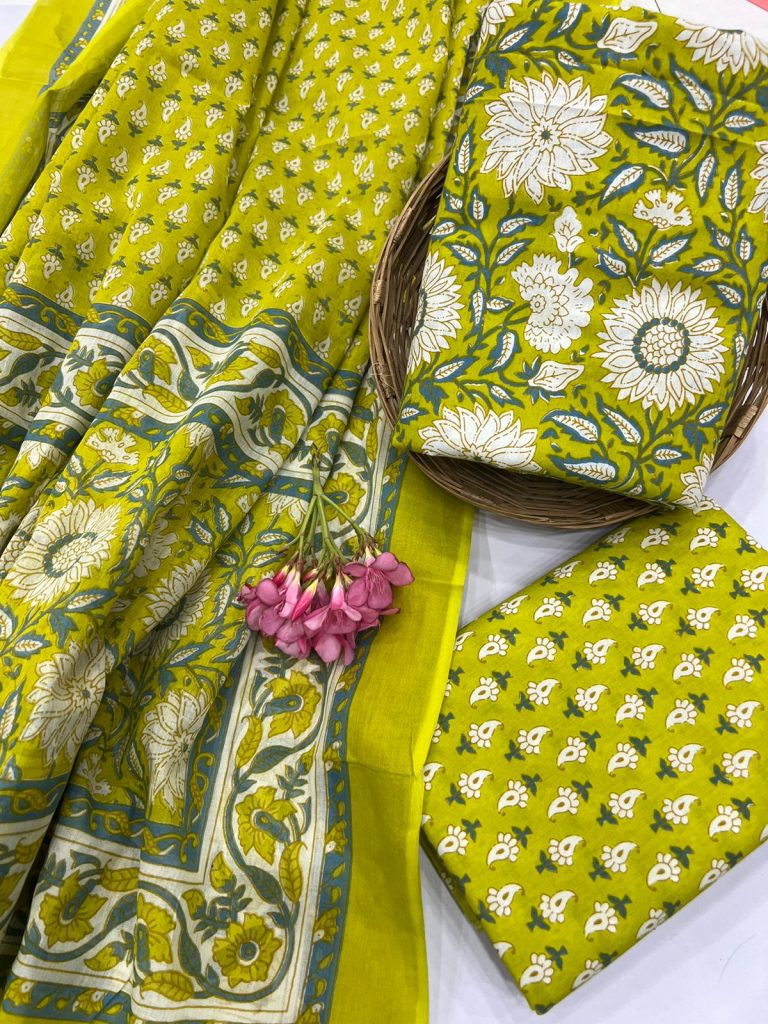 Citron green Cotton daily wear simple punjabi suit design cotton dupatta