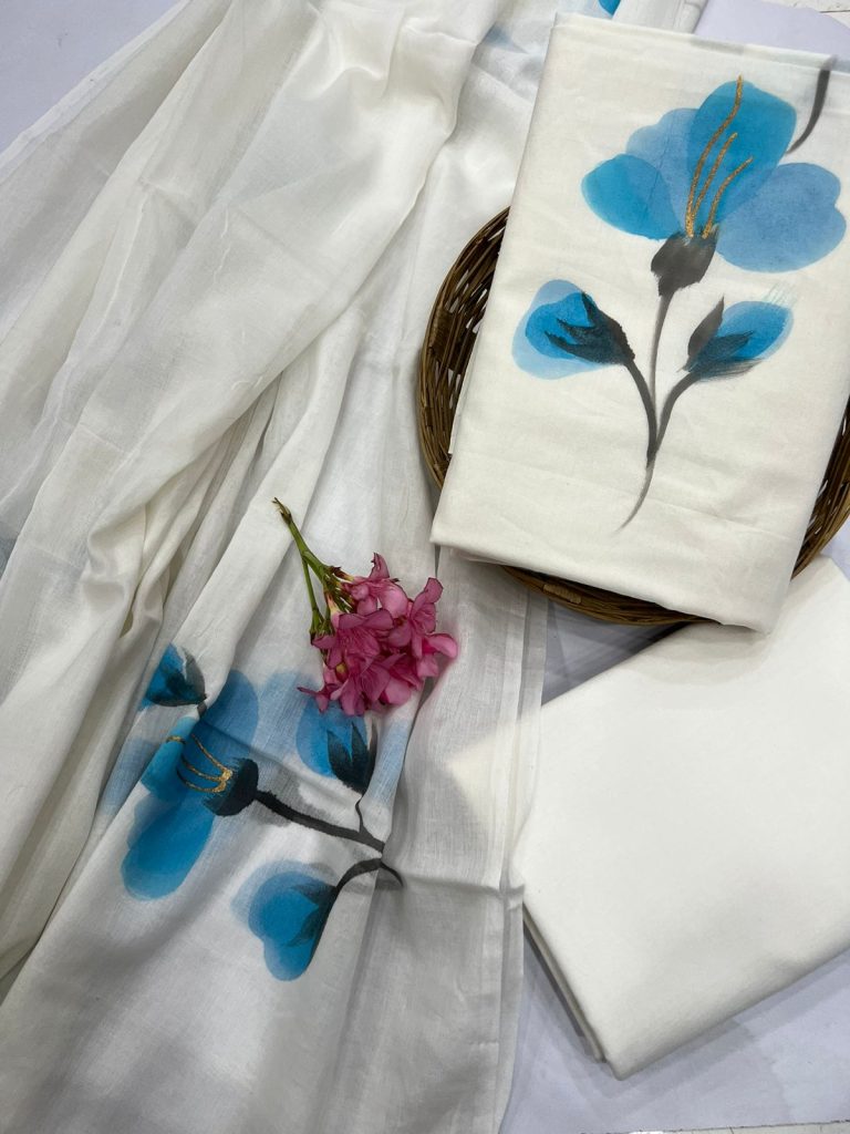 White and blue Cotton hand painted simple daily wear suit design with cotton dupatta