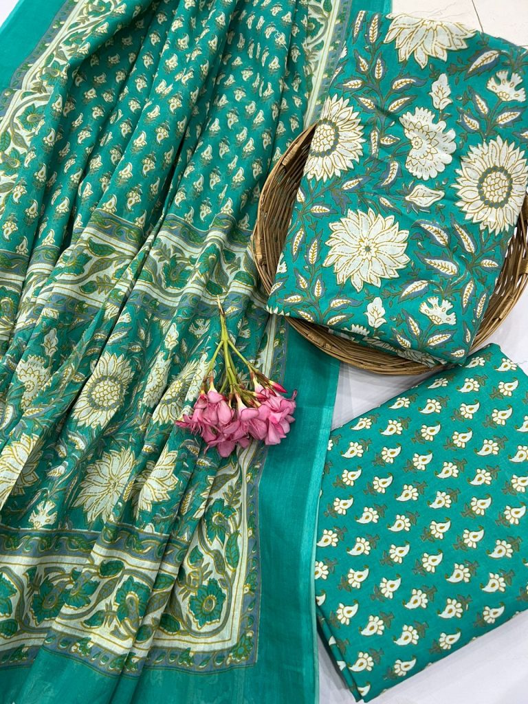Zomp green Cotton unstitched daily wear churidar salwar suit with cotton dupatta