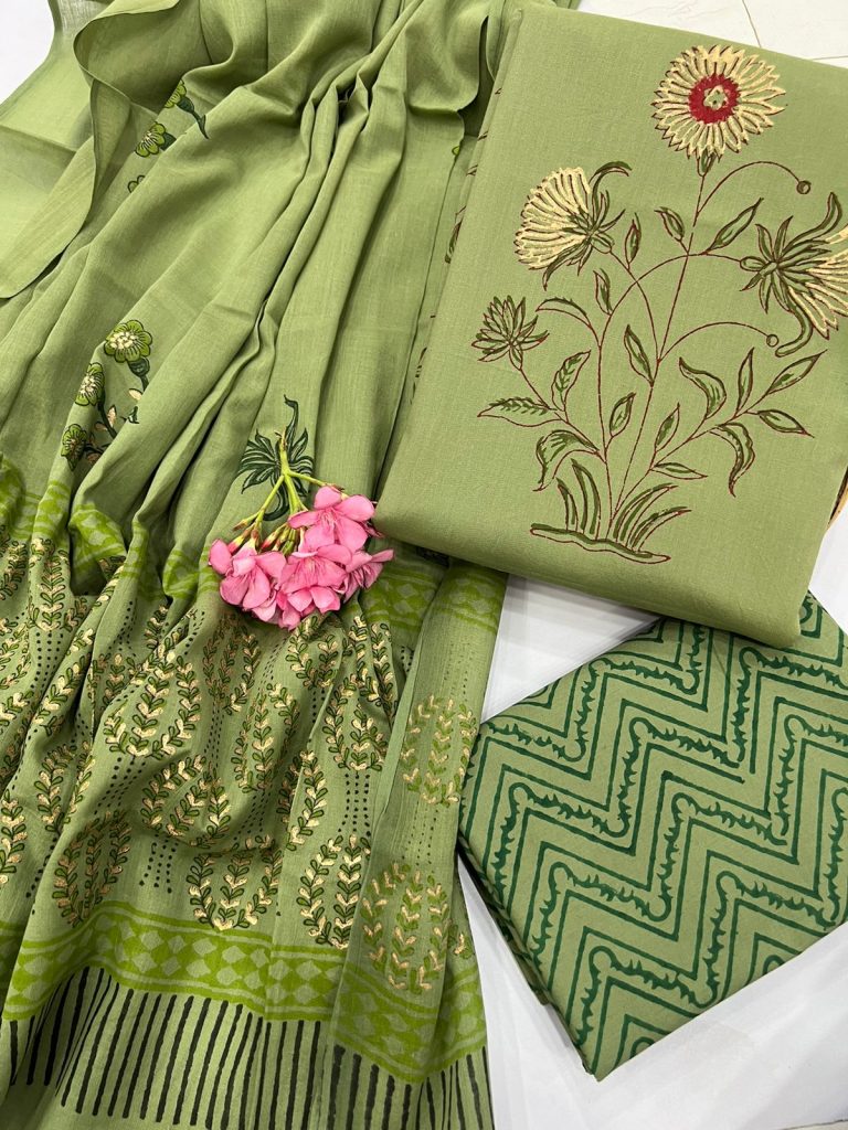 Dark Olive Green Gold printed daily wear cotton salwar suits with cotton dupatta