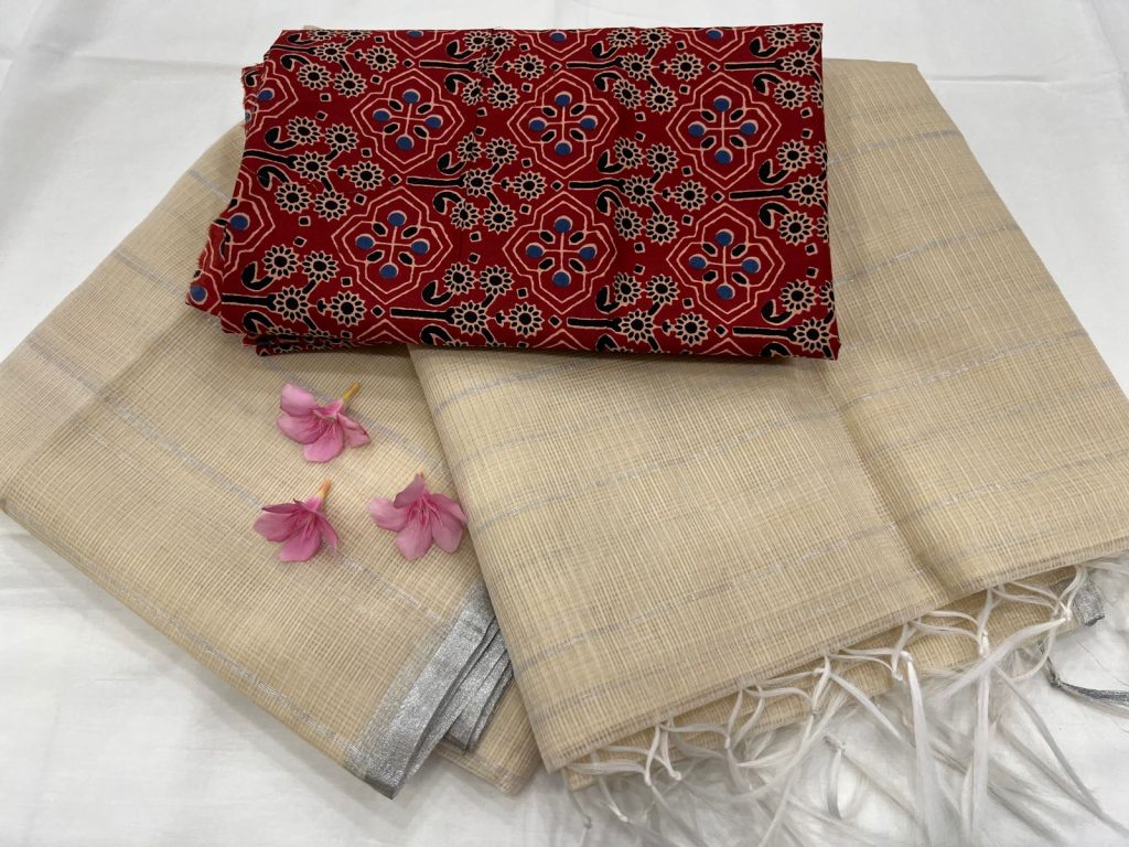 Bisque brown original kota doria saree with printed blouse