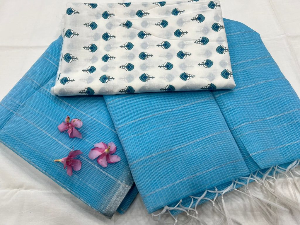 Bleu de France color kota doria saree online shopping with cotton blouse