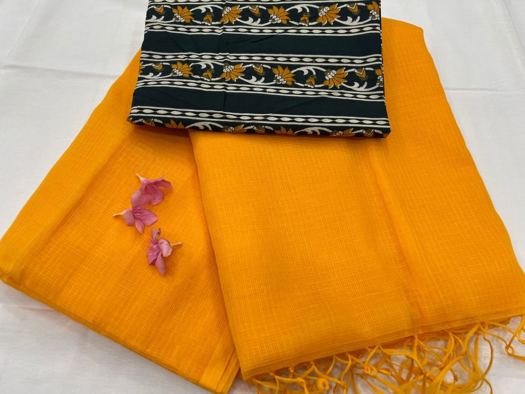 Yellow Orange plain kota doria sarees jaipur with printed cotton blouse