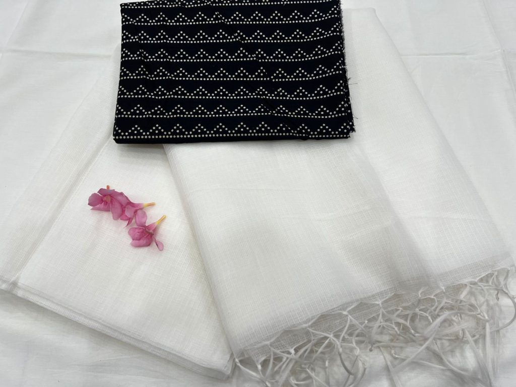 White kota doria saree design with printed cotton blouse